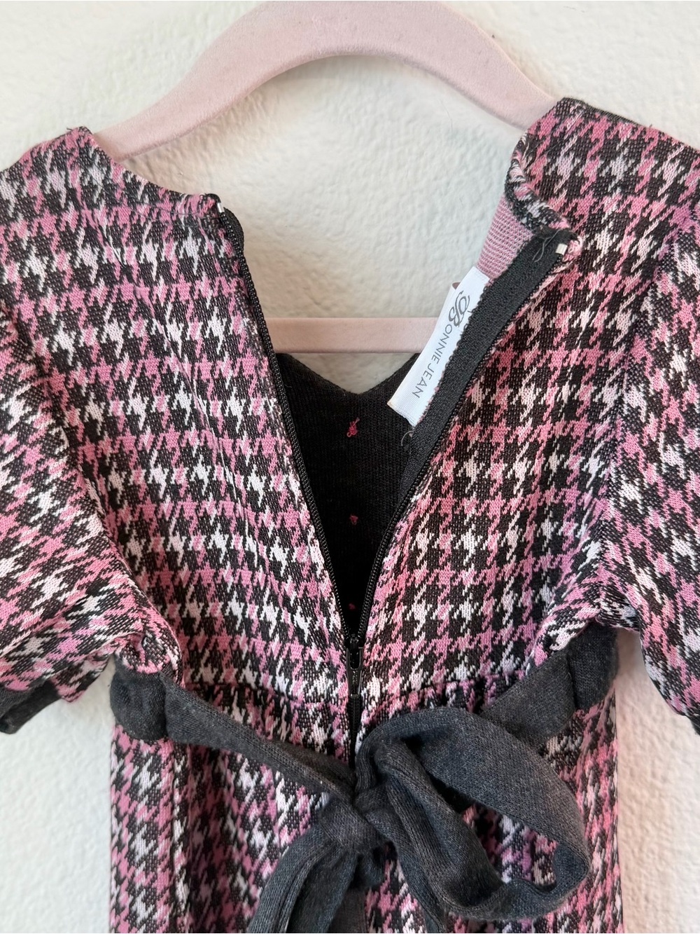 BONNIE JEAN Houndstooth Knit Dress Puff Sleeve Pink Grey School 4 - Picture 6 of 6